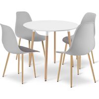 Set bestehend aus einem runden Kami-Tisch (80 cm) – weiß / Beine aus Naturholz – und vier grauen WAT-Stühlen mit Beinen aus Naturholz