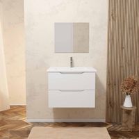 meuble salle de bain 60cm suspendu 2 tiroirs blanc laque poignees integrees vasque et miroir - mila