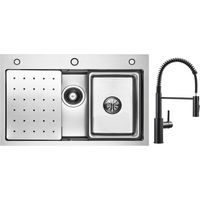 Cecipa Lavello Cucina Lavello 1 Vasca 70×45 cm con Gocciolatoio/Vasca/Dispenser Sapone + Miscelatore Cucina a Molla con Doccetta Estraibile, Rubinetto Lavello 2 Modalità Uscita Acqua, Nero