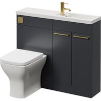 Napoli 250 Gloss Grey 1000mm 2 Door Vanity Unit Toilet Suite with Square Silvo Basin - 1000mm - Brushed Brass 160mm HandleWith Kingston Toilet Pan and Seat