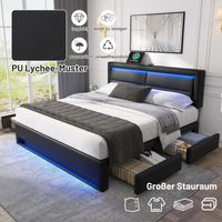 Letto per adulti 140x200 cm, 4 cassetti, USB (supporta la ricarica wireless e cablata), LED, PU, materasso non incluso, nero