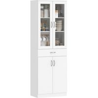 Crédence Cucina 60x35x180 cm Bianco avec 2 Armadietti, Cassetto, Mensole Regolabili, Ante in Vetro