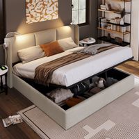 Polsterbett 160x200 cm - hydraulisches Boxspringbett - Leselampe mit Ladefunktion - Lattenrost - Metallstruktur - Leinen - viel Stauraum – Beige