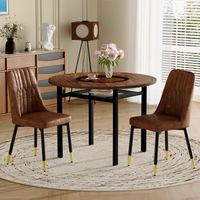 Conjunto de mesa de comedor redonda con cristal incrustado, Ø100 cm, con 2 sillas de tela marrón, MDF efecto madera y metal negro - Marrón