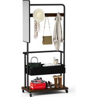 Penderie robuste en métal avec roulettes, design 3-en-1 avec panier et miroir, penderie suspendue, garde-robe mobile sur roues, penderie avec grand espace de rangement, Brun vintage, 7040170cm