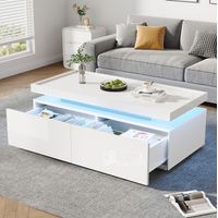 Mesa de centro de aglomerado blanco brillo 95 x 45 x 35 cm con LED y 2 cajones