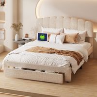 Lit adulte 160x200cm avec tiroirs, Lit double avec tête de lit, Lit capitonné avec dossier souple, tête de lit avec USB, Lit avec sommier à lattes, Teddy velours,Beige