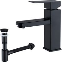 Ubeegol – Robinet de lavabo noir mat avec siphon et bonde universelle – Acier inoxydable 304 – Installation facile – Économie d'eau jusqu'à 30%