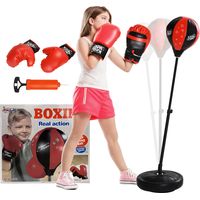 Aiyaplay – Punching ball enfant réglable – Base lestée avec eau ou sable – Gants de boxe inclus – Pour enfants 5-10 ans – Couleur rouge noir