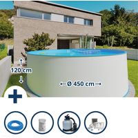 Stahlwandpool Set (6-teilig) hoch rund Malediven 450 x 120 cm, Stahl 0,4 mm weiß Folie 0,4 mm blau