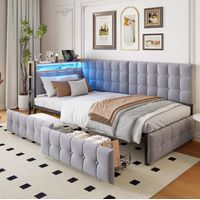 Bettsofa modern 90x200 cm grau mit gepolstertem Kopfteil, LED, USB-C und 2 Schubladen