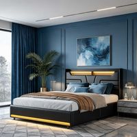 Letto matrimoniale 160x200 cm in PU nero con LED regolabile, testiera contenitore, rete a doghe, design moderno