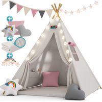 Spielwerk Tenda da Gioco per Bambini Teepee 120x120x160cm Incl. Catena Luci a LED Materassino Morbido da 2,5cm 3 Cuscini in Varie Forme Cotone & Legno con Custodia per Trasporto Rosa