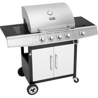 Royal Gourmet – Barbecue à gaz 4 brûleurs en inox – Puissance 14,5 kW – Thermomètre intégré – 2 tables d’appoint – 2 roues directionnelles – Argent