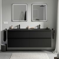 Badmöbel Unterschrank Bernstein LAVOA 160cm mit Mineralguss Waschbecken CREAM Badmöbel: Schwarz matt, Metallgriff: Chrom, Waschbecken: Schwarz matt mit Hahnloch