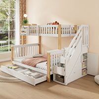 Kinder-Etagenbett, Doppelbett, multifunktionales Kinderbett mit Ablagekorb, mit Schublade, mit Treppenschrank, mit Ablageschrank, ohne Matratze, weiß + naturfarben
