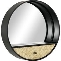 Specchio da Parete Rotondo Ø61cm Nero con Cassetto, Cornice in Metallo e MDF