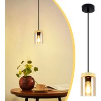 GBLY Lámpara Colgante Mesa de Comedor 1 Vidrio Llama - Lámpara Colgante de Metal Negro Vintage con Pantalla de Madera Lámpara Colgante Casquillo E27 Colgante para Comedor Cocina Sala de Estar