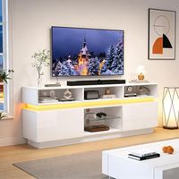 TV-Möbel mit LED, gehärtetem Glas, 10 Fächern und Glanzfronten, in Weiß, 160x35x60 cm
