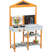 Cuisine d'extérieur pour enfants, en bois, avec plaque de cuisson, évier amovible et étagères. Convient aux enfants de 3 à 8 ans. Bleu clair.