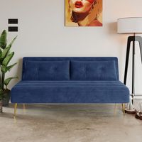 Blue Large Velvet Foldable 2 Seater Sofa Bed with Metal Legs