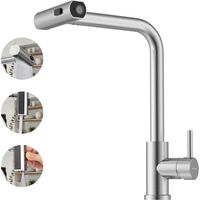 BLYLUND Waterfall Kitchen Faucet Brushed Nickel, 3 Function Kitchen Sink Tap with Pull Out Mixer Tap Spray 360° Swivel Single Handle Stainless Steel Kitchen Faucet 1 Hole