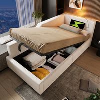 Sofá cama 90/190 cm beige de terciopelo con arcón, luz de lectura y USB-C
