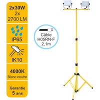 Projecteur LED de chantier 2x30W 2x2700lm 4000K avec trépied ajustable - garantie 5 ans