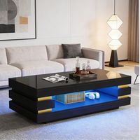 Mesa de centro de aglomerado negro brillo 100 cm con hueco de almacenaje abierto y luz LED