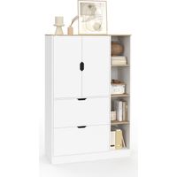 Idmarket – Meuble de rangement blanc et bois 80 cm – 3 portes et 2 tiroirs – Hauteur 130 cm – Pour bureau, chambre, entrée