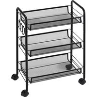 Carrello da Cucina a 3 Livelli con Cesti Removibili e 4 Ruote, in Acciaio e Plastica PP, 41.5Lx26.5x63 cm, Nero
