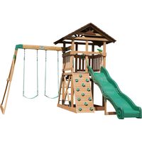 Backyard Discovery Lightning Ridge Aire de Jeux en Bois Aire de Jeux Extérieur avec Double Balançoire/Toboggan/Mur d'escalade, Balancoire Exterieur avec Toboggan, Portique Balancoire Exterieur