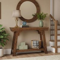 Table console en bois 105×30×85cm – 2 niveaux avec étagère – Style industriel vintage – Pour entrée, couloir, salon – Marron