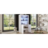 Canapé et meuble de côté : dimensions 100 x 35 x 170 cm. Meuble de rangement en matériau brillant. Meubles vitrés équipés d’éclairages LED. Couche de verre dur pour la présentation des objets.