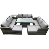 Fimous 11-Sitzer Garten Dining Sets Rattan Möbel Lounge Sofa Höhenverstellbarer steigender Hubtisch mit Beistelltisch 2 Großer Fußhocker Dunkelgrau gemischt