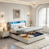 Cama hidráulica con almacenamiento de 160x200cm – Tela de terciopelo beige – Cabecero con estantes – Puerto USB – Iluminación LED integrada – Estructura de cama con paneles de láminas