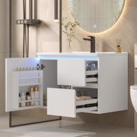 Mueble bajo lavabo suspendido 76x46x50 cm - Iluminación LED con sensor de movimiento - 2 cajones silenciosos para baño moderno - Blanco