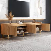 TV-Lowboard mit 2 3D-Strukturtüren und Kabelmanagement, Goldgriffen und Metallfüßen, aus MDF, 170×35×47,5 cm, Natur