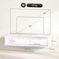 Meuble TV suspendu blanc brillant 140x40x30cm,éclairage LED RGB 16 couleurs,rangement ouvert pour TV 55-60 pouces salon chambre