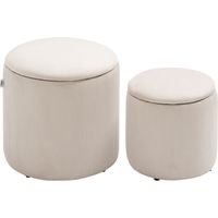 Set di 2 Pouf Contenitore Salvaspazio Rotondi e Imbottiti in Velluto a Coste, Bianco