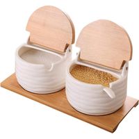 Kitchen Spice Jar, Ceramic Bowl with Bamboo Lids and Porcelain Sugar Spoons, Condiment Container, Spice Jars, Seasoning Box for Home