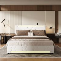 Lit coffre double adulte 140x200 cm avec éclairage LED, ports USB, tête de lit réglable, beige, matelas non inclus
