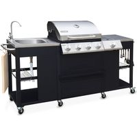 Barbecue. cuisine extérieure gaz - D'Artagnan - Barbecue 5 brûleurs dont 1 feu latéral. inox et noir. évier. planche à découper bois. ustensiles