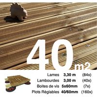 Kit complet terrasse Pin autoclave Marron pour 40 m² • Lames 3,3 m, lambourdes 3 m, plots réglables et visserie Inox • Livraison gratuite