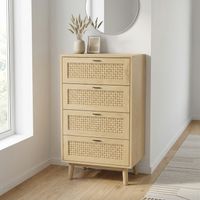 Commode à 4 Tiroirs 55x40x95cm, Chiffonnier de Rangement avec Effet Rotin Tressé, Buffet Haut Meuble de Rangement pour Salon Chambre et Cuisine, Style Scandinave Naturel, Chêne clair