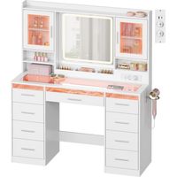 WOLTU Coiffeuse avec Plateau en Verre Miroir, Grande Coiffeuse avec LED Réglable, 9 Tiroirs, Prise de Courant, Blanc