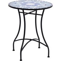 Outdoor Mosaic Round Garden Table, Patio Bistro Coffee Side Table with 60cm Ceramic Top for Garden, Blue and White