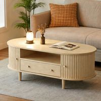 Ovaler Couchtisch 100x50x36cm mit einer Schublade, zwei Schiebetüren und einem versteckten Staufach Moderner, minimalistischer Stil Holz