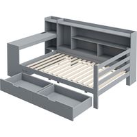 Schlafsofa aus Massivholz,Mit Schreibtisch Bücherregal Ablagefächern und Regalen, Mit Steckdose, Mit 2 großen Ablagefächern, Multifunktionales Holzbett
