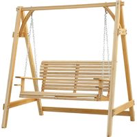 Columpio de jardín de 2 plazas, dimensiones 1,8 m de largo x 1,2 m de ancho x 1,85 m de alto, con reposabrazos, soportes y paneles de vidrio. Fabricado en madera de alerce preaceitada.